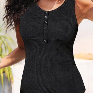 Daci Tankini Top High Neck Swim Black Ribbed Top Size Med NWT #2258